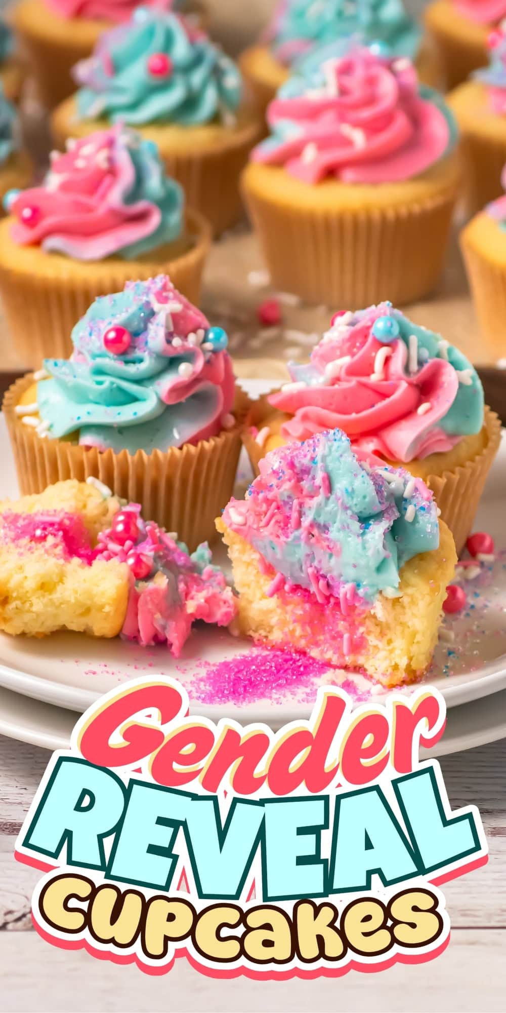Cupcakes with pink and blue frosting and sprinkles,