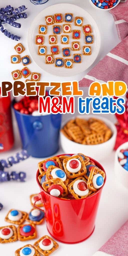 Red, white, and blue MM pretzel treats in bowls and on a white plate.