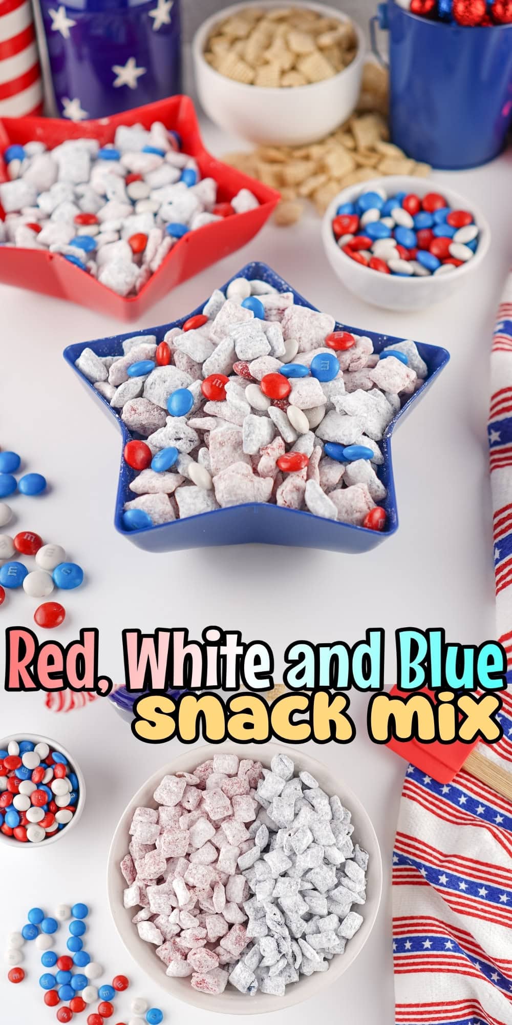 Star-shaped bowl of powdered snack mix with red, white, and blue candies.