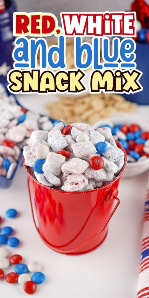 Red, white, and blue snack mix in a red pail.