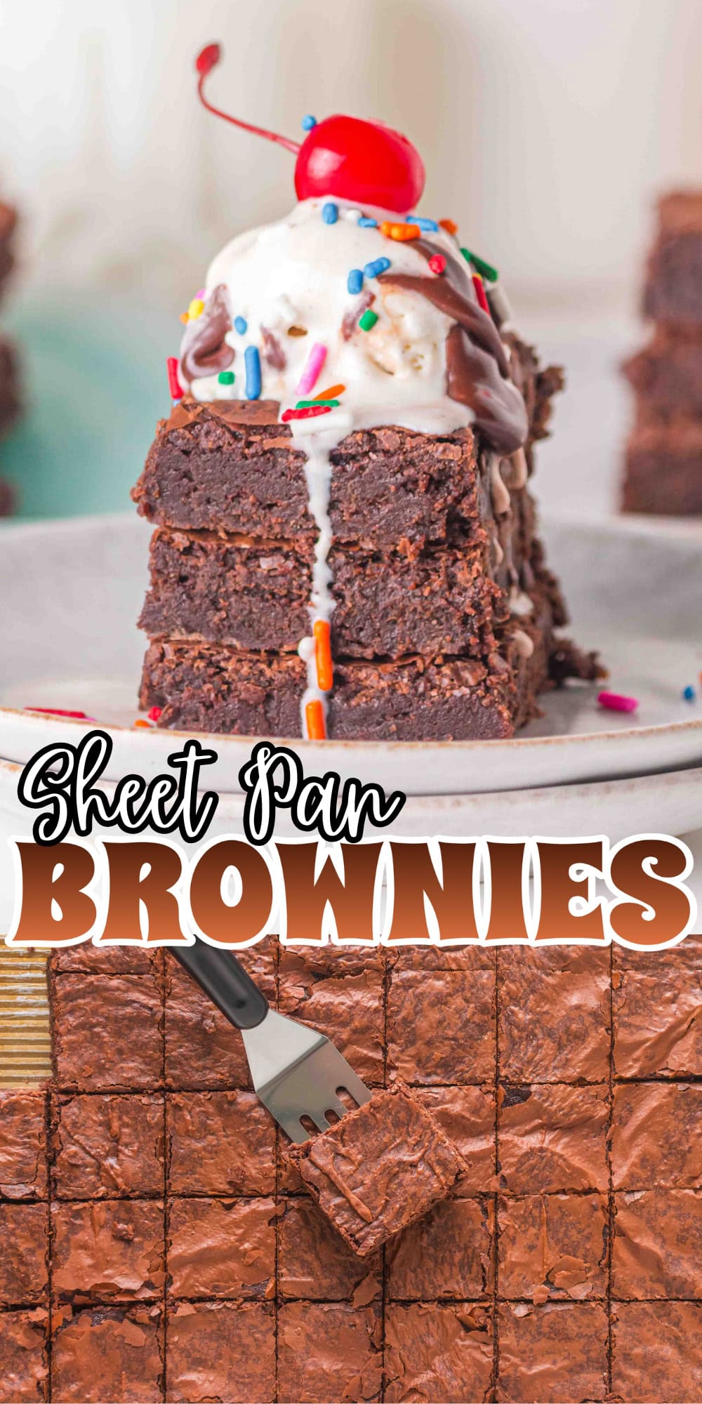 A stack of brownies topped with ice cream, chocolate, sprinkles, and a cherry.