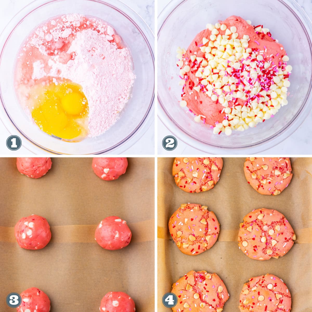 Pink cookie dough being mixed, shaped, and baked.