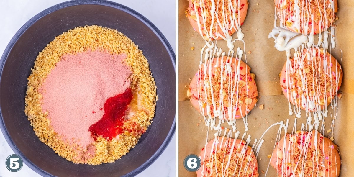 Crushed ingredients in a bowl and drizzled cookies on parchment paper.