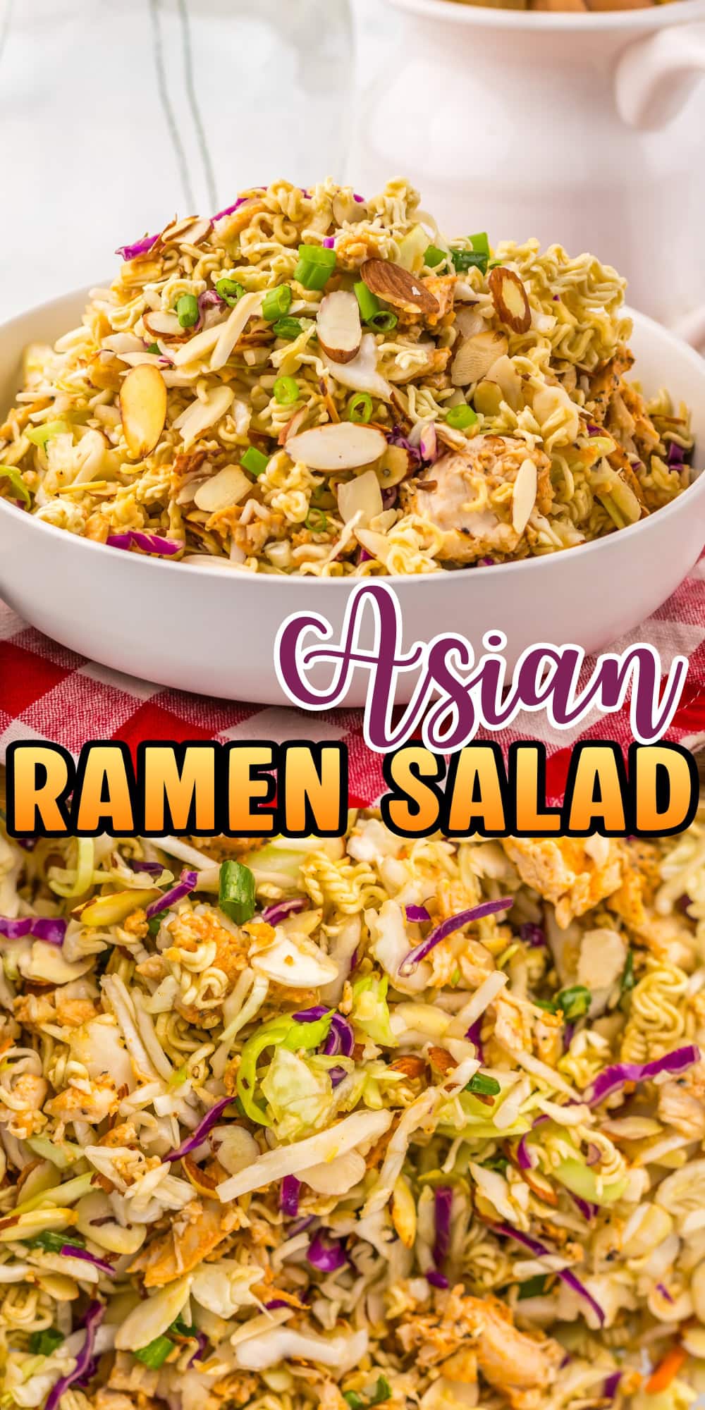 Asian Ramen Salad with chicken, almonds, and cabbage.