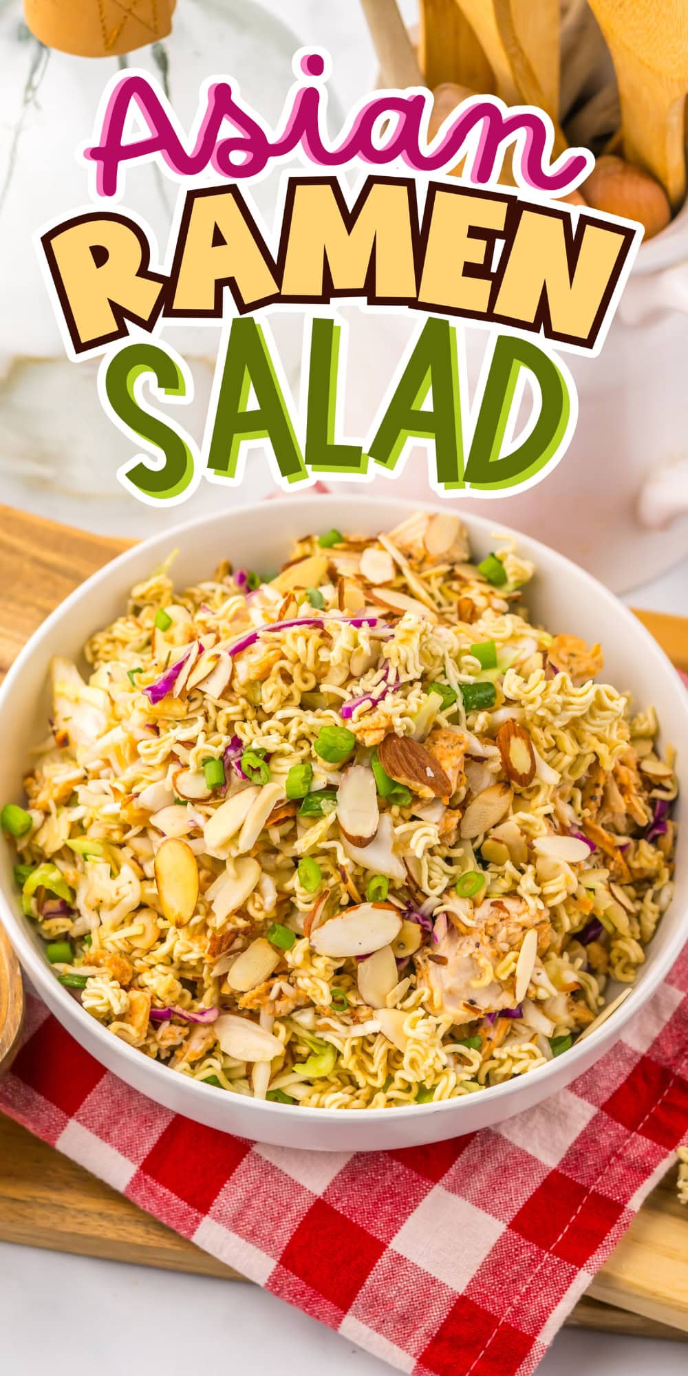 Asian Ramen Salad with chicken and almonds.