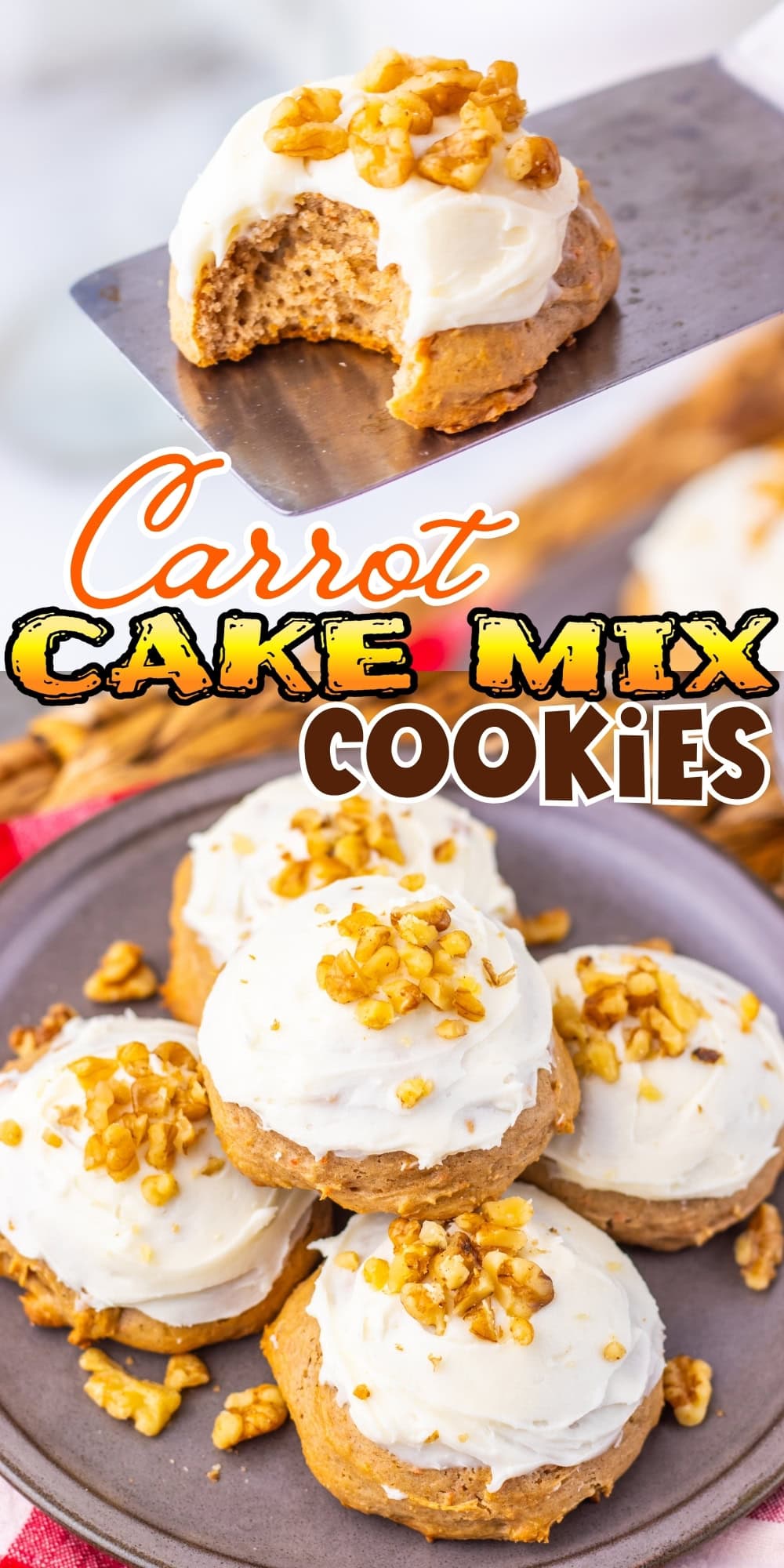 Carrot cake mix cookies with frosting and chopped nuts on top, served on a plate.