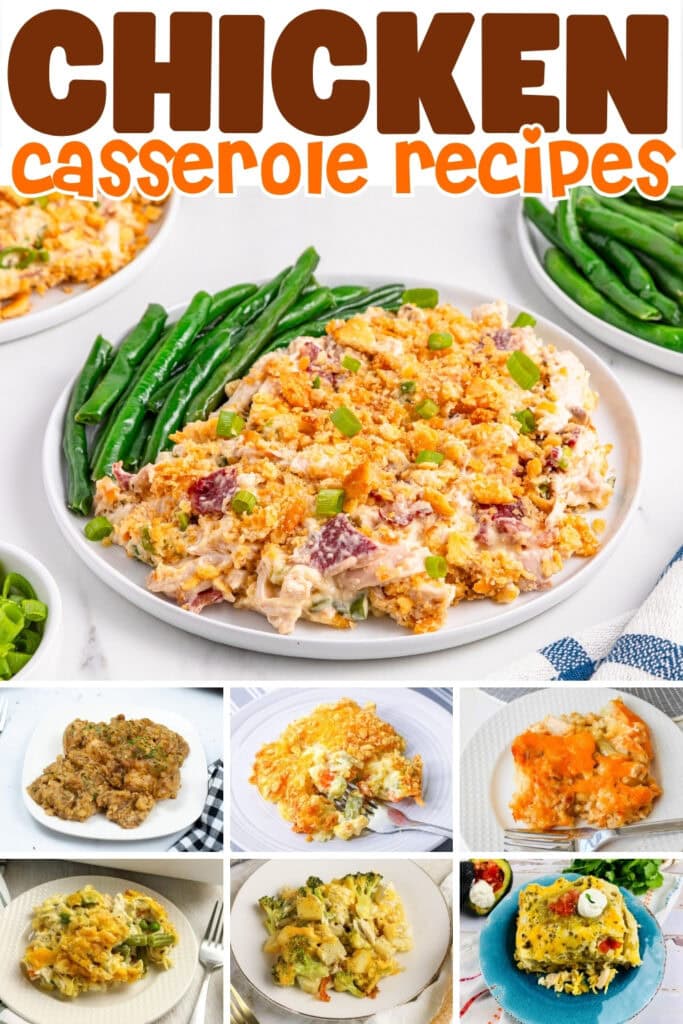 Chicken casserole dishes, each served with various sides on plates.