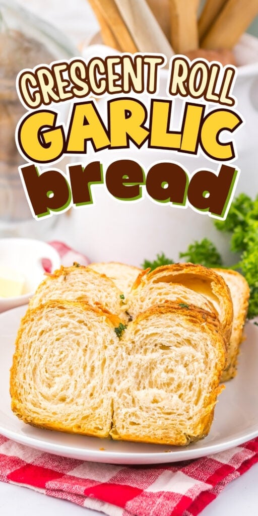 Sliced crescent roll garlic bread on a white plate.