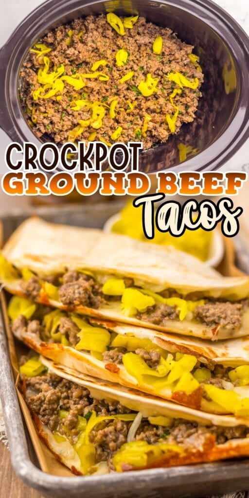 Ground beef tacos with yellow peppers on a tray and crockpot of beef in the background.