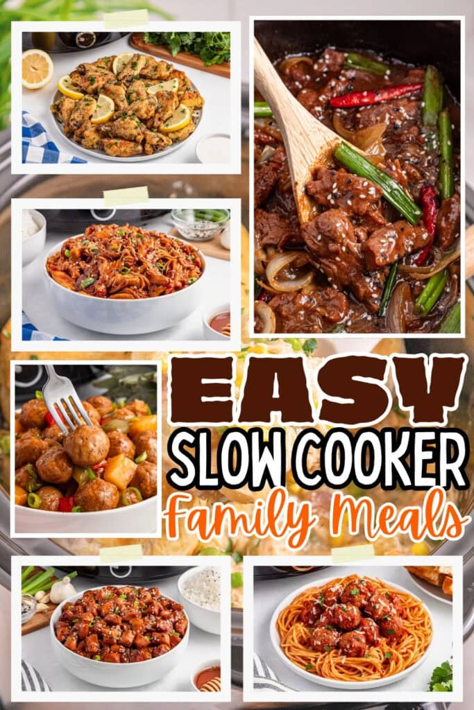 Various slow cooker meals including pasta, meatballs, and beef dishes.