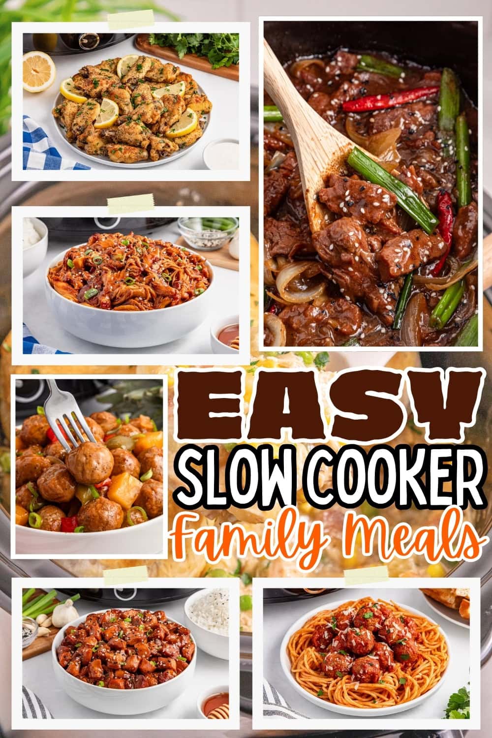 Various slow cooker meals including pasta, meatballs, and beef dishes.