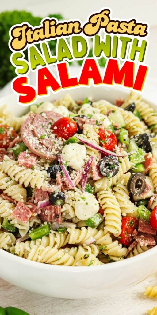 Bowl of Italian pasta salad with salami, olives, tomatoes, and cheese.