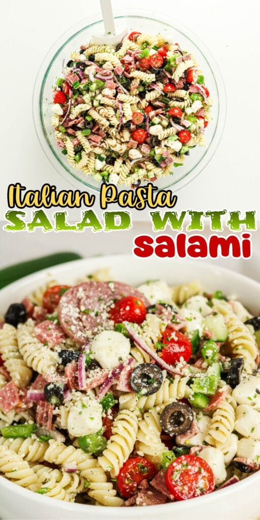 Bowl of Italian pasta salad with salami, tomatoes, olives, and mozzarella.