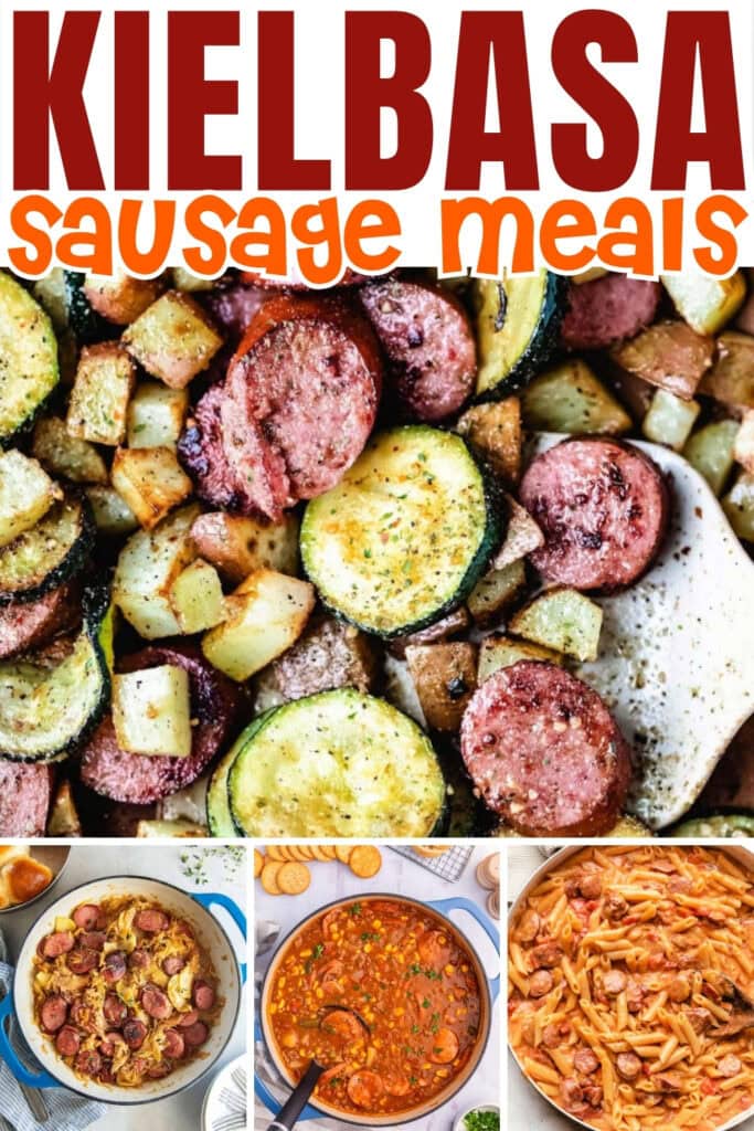 Kielbasa sausage meals with vegetables, pasta, and stew.