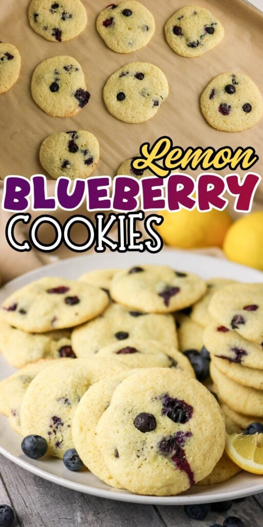 Freshly baked lemon blueberry cookies on a plate and baking sheet with blueberries.