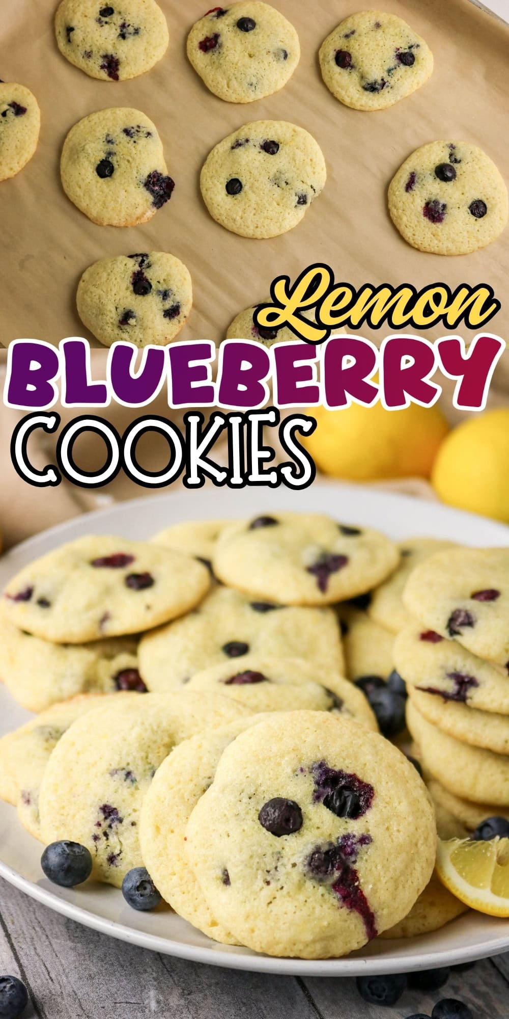 Freshly baked lemon blueberry cookies on a plate and baking sheet with blueberries.