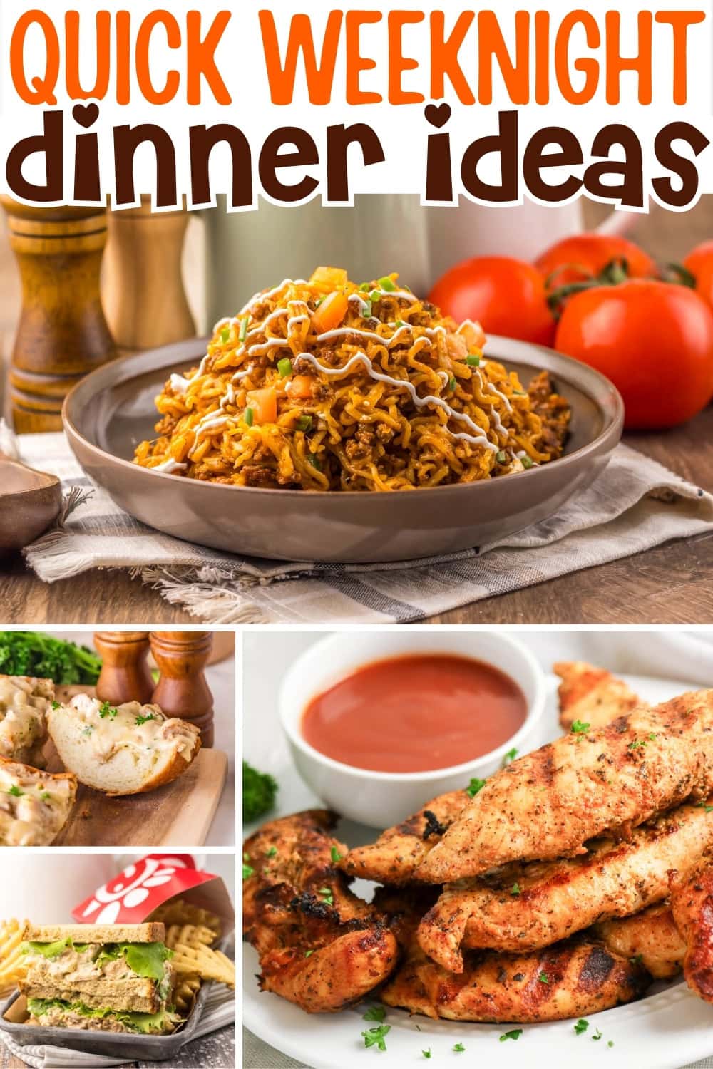 Weeknight dinner dishes including rice, chicken, and sandwiches.