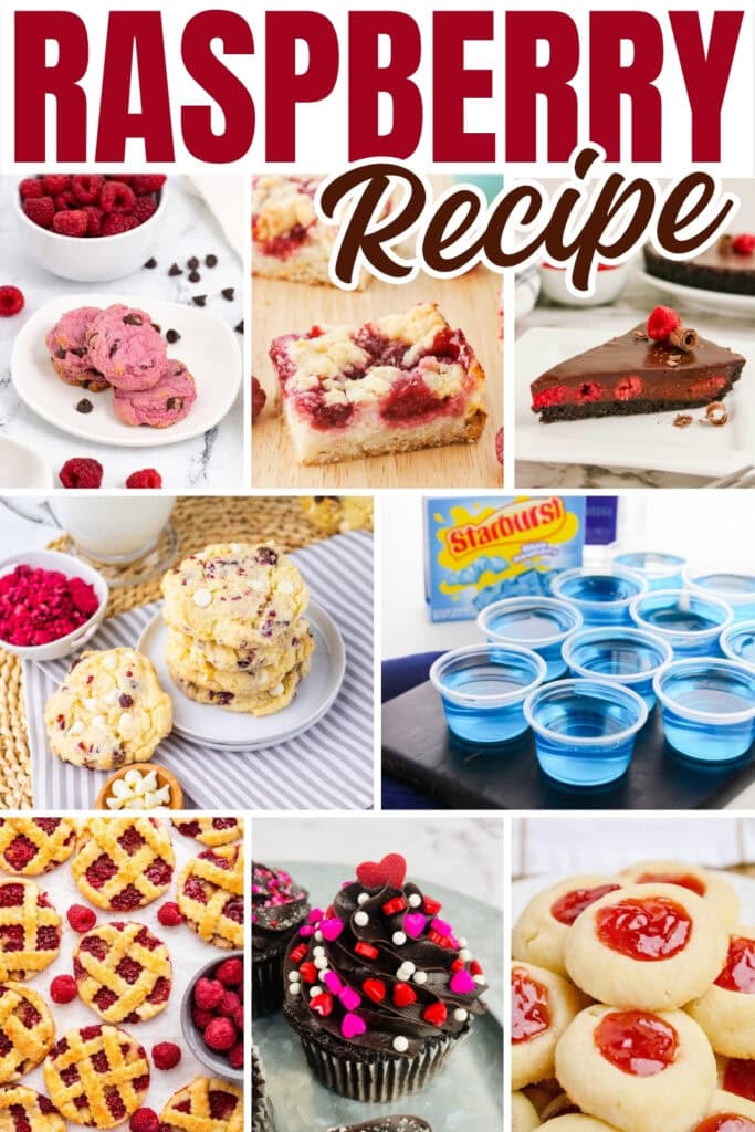 Raspberry desserts, cookies, bars, pie, and blue gelatin cups.