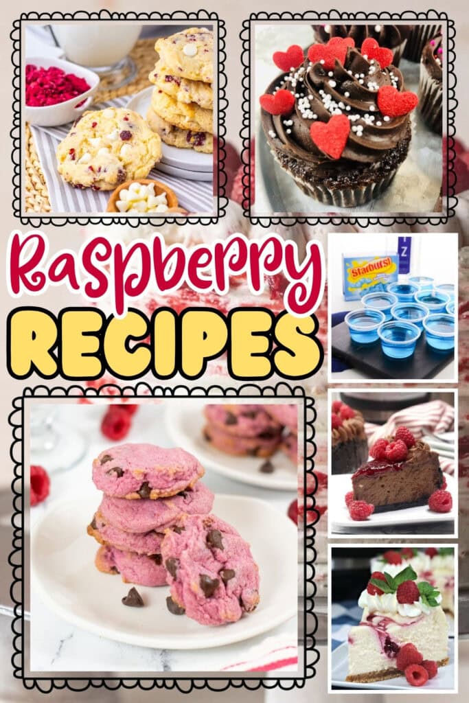 Raspberry desserts, including cookies, cupcakes, cake, and parfaits.