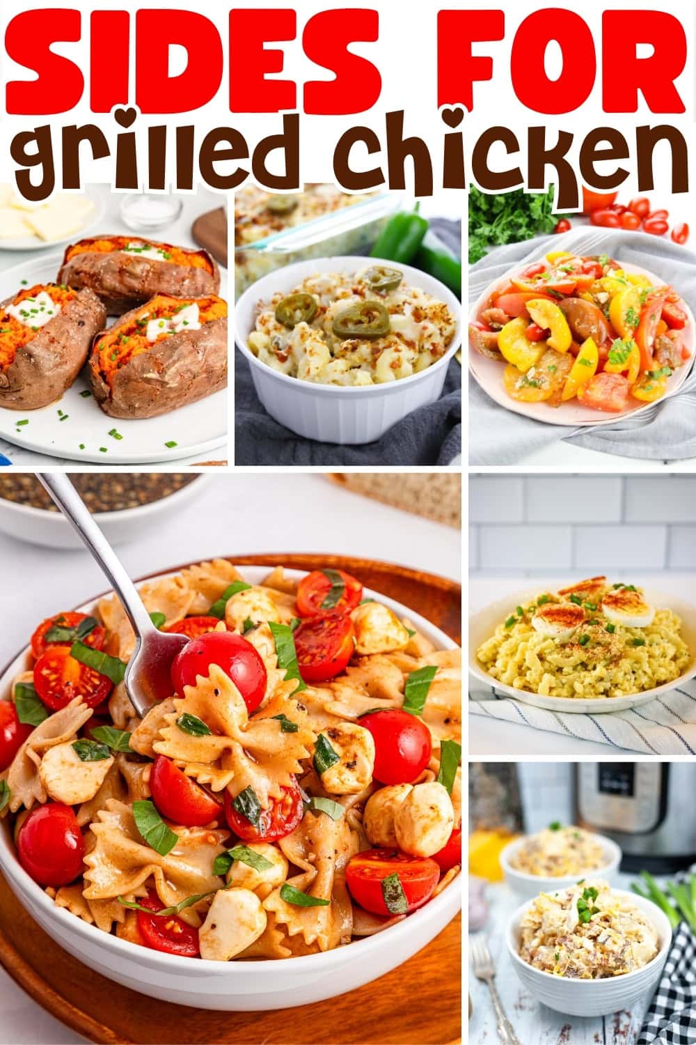 Various side dishes for grilled chicken, including pasta, veggies, and potatoes.