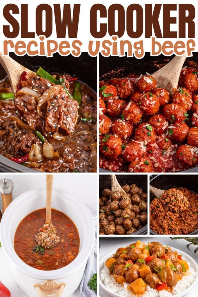 Slow cooker beef dishes including stews, meatballs, chili, and curry.
