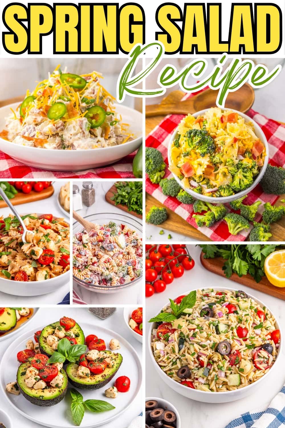 Colorful spring salads in bowls, topped with fresh vegetables and herbs.
