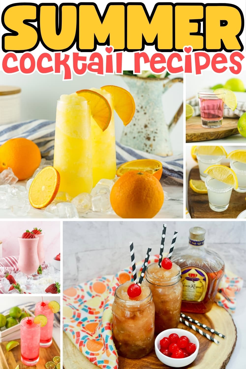 Colorful summer cocktails with fresh fruit garnishes and ice.