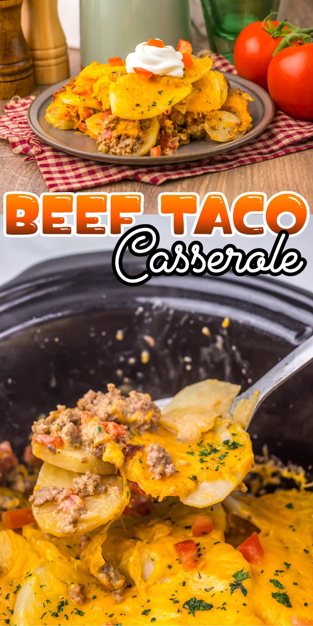 Plate and spoonful of cheesy beef taco casserole with tomatoes and potatoes.