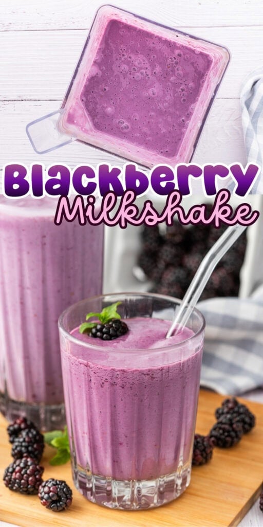 Purple blackberry milkshake in a glass with berries, mint, and a straw on a table.