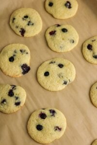 Round blueberry cookies on brown parchment paper.