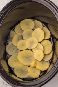 Thinly sliced raw potatoes arranged in a black slow cooker.