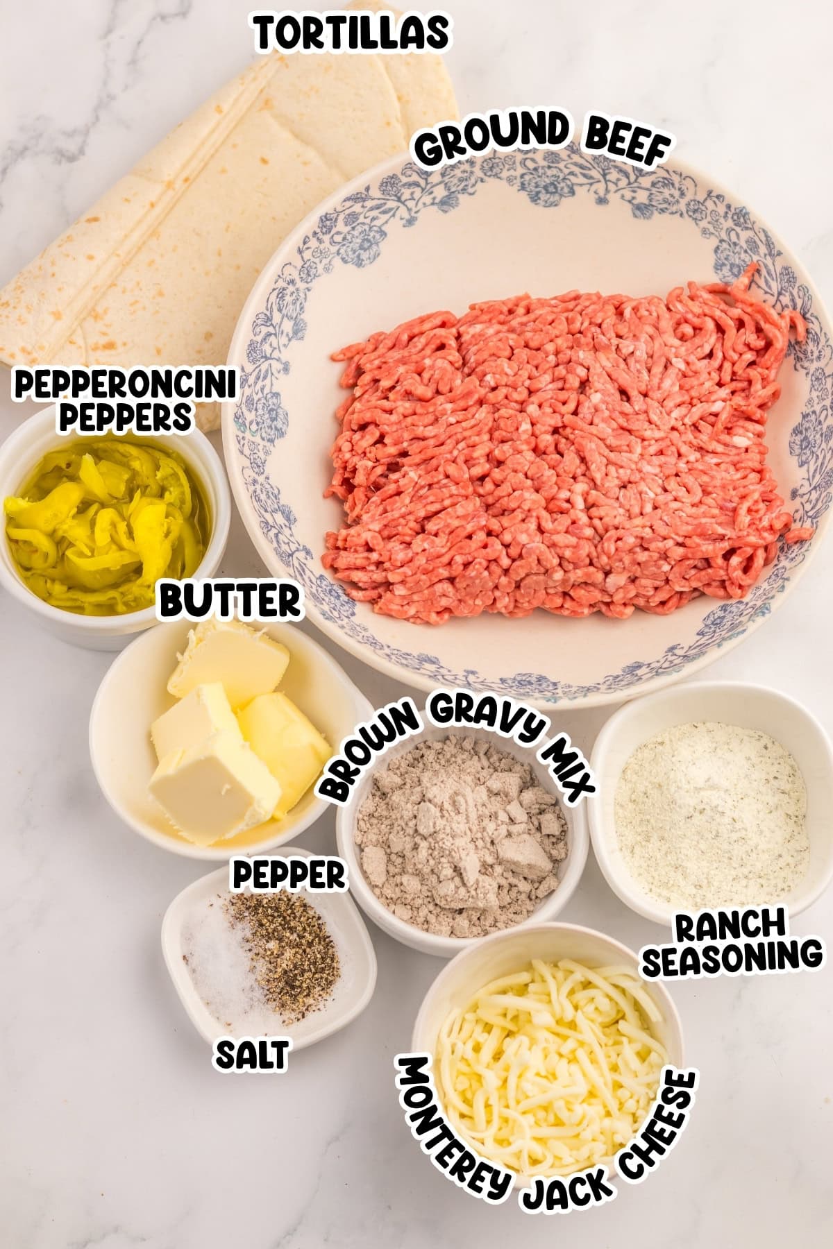Ingredients for a beef tortilla wrap, including ground beef, cheese, and seasonings.