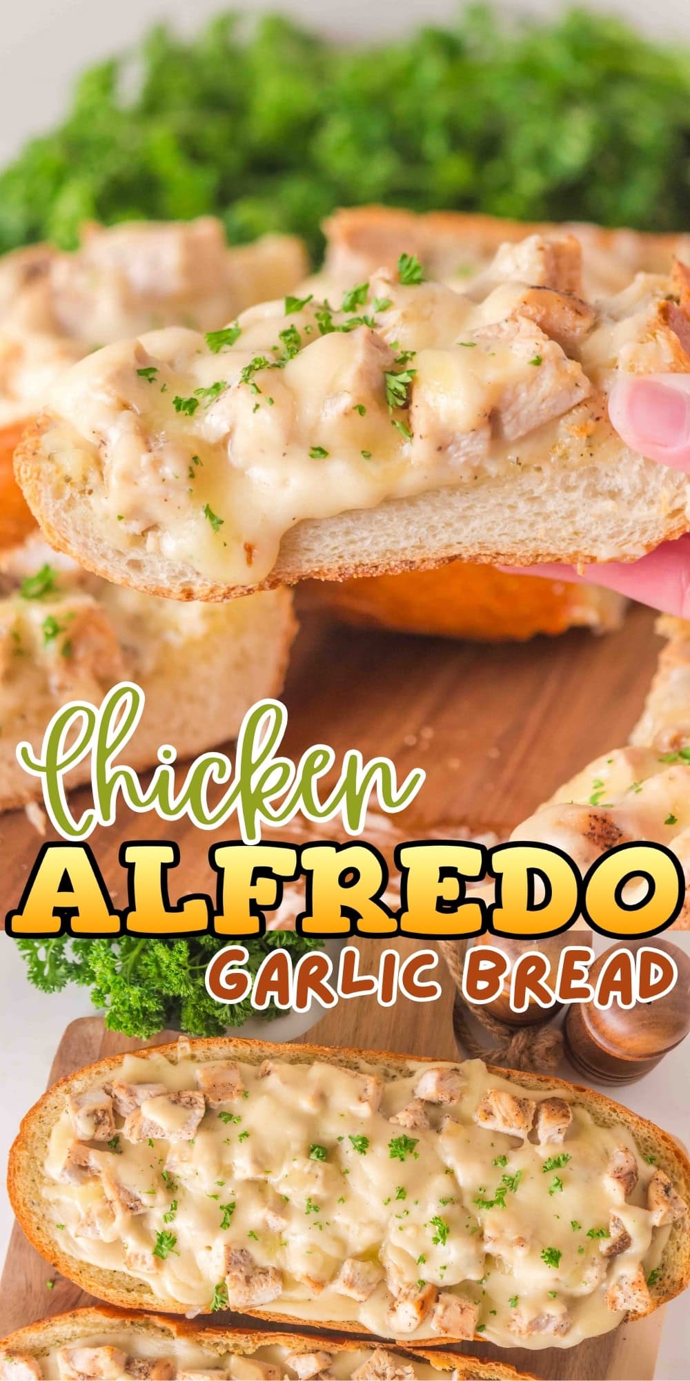 Toasted garlic bread topped with creamy chicken Alfredo and melted cheese, garnished with parsley.