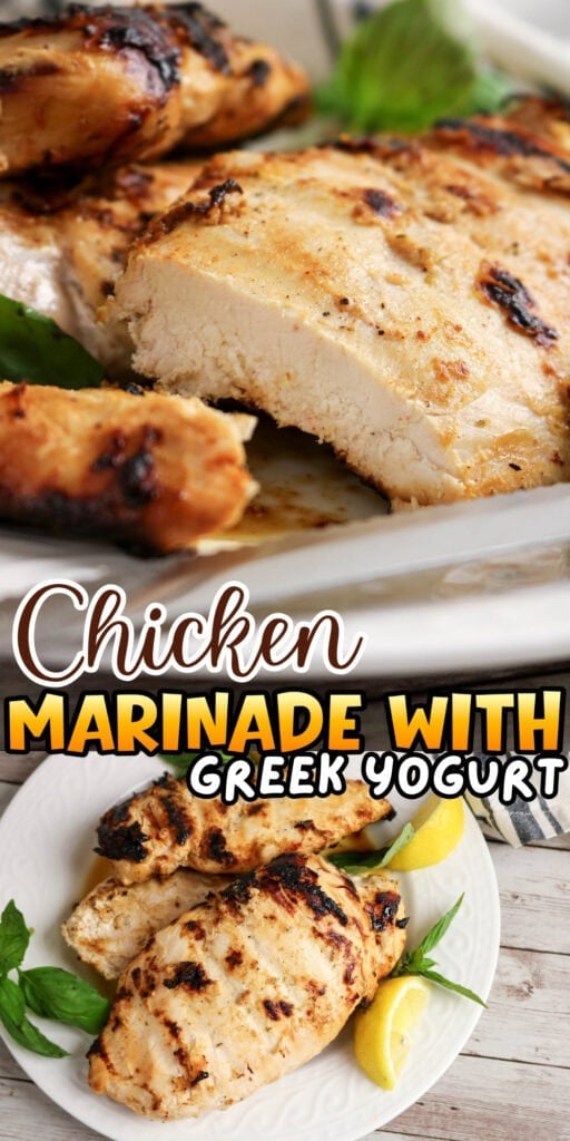Grilled chicken breasts marinated in Greek yogurt, served with lemon and basil.