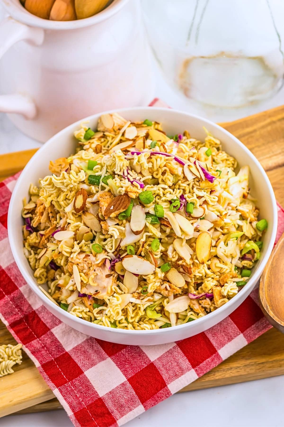 Asian ramen noodle salad with almonds and chicken.