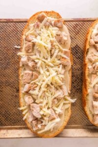 Open-faced sandwich with shredded cheese and chicken on a slice of bread.