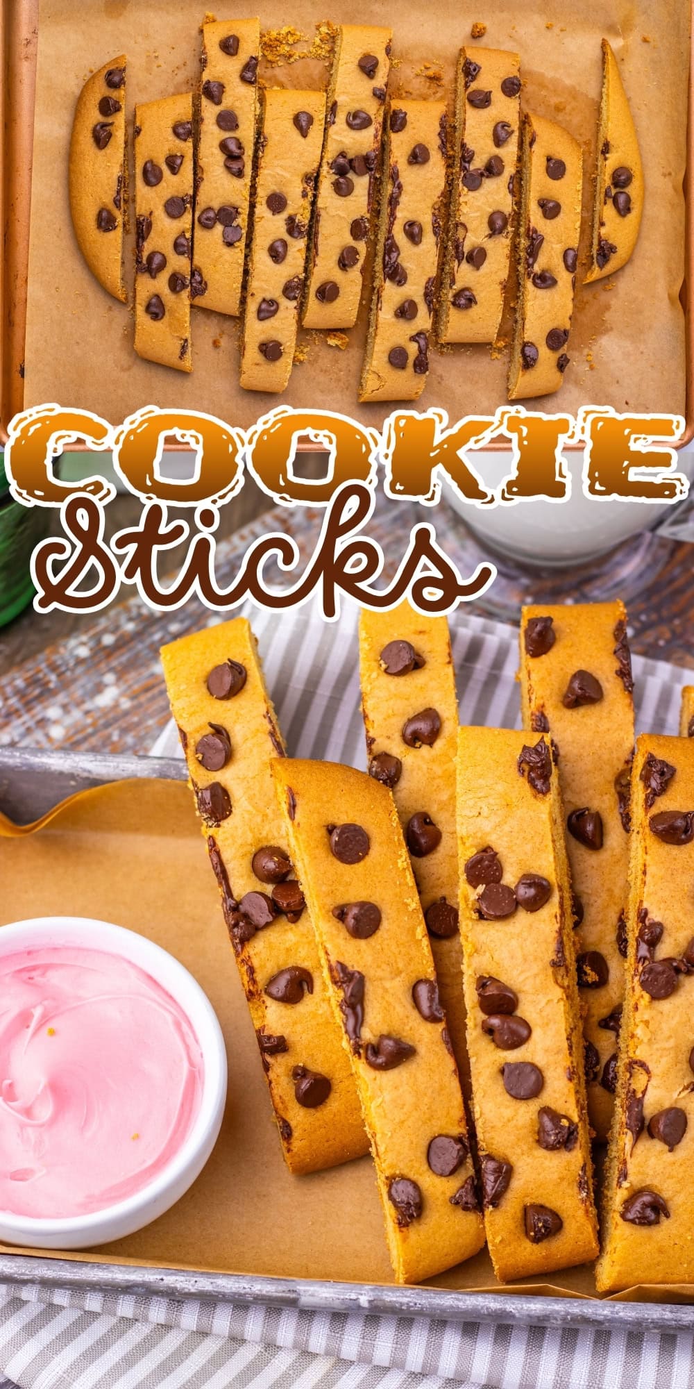 Chocolate chip cookie sticks on parchment paper, served with pink frosting dip.