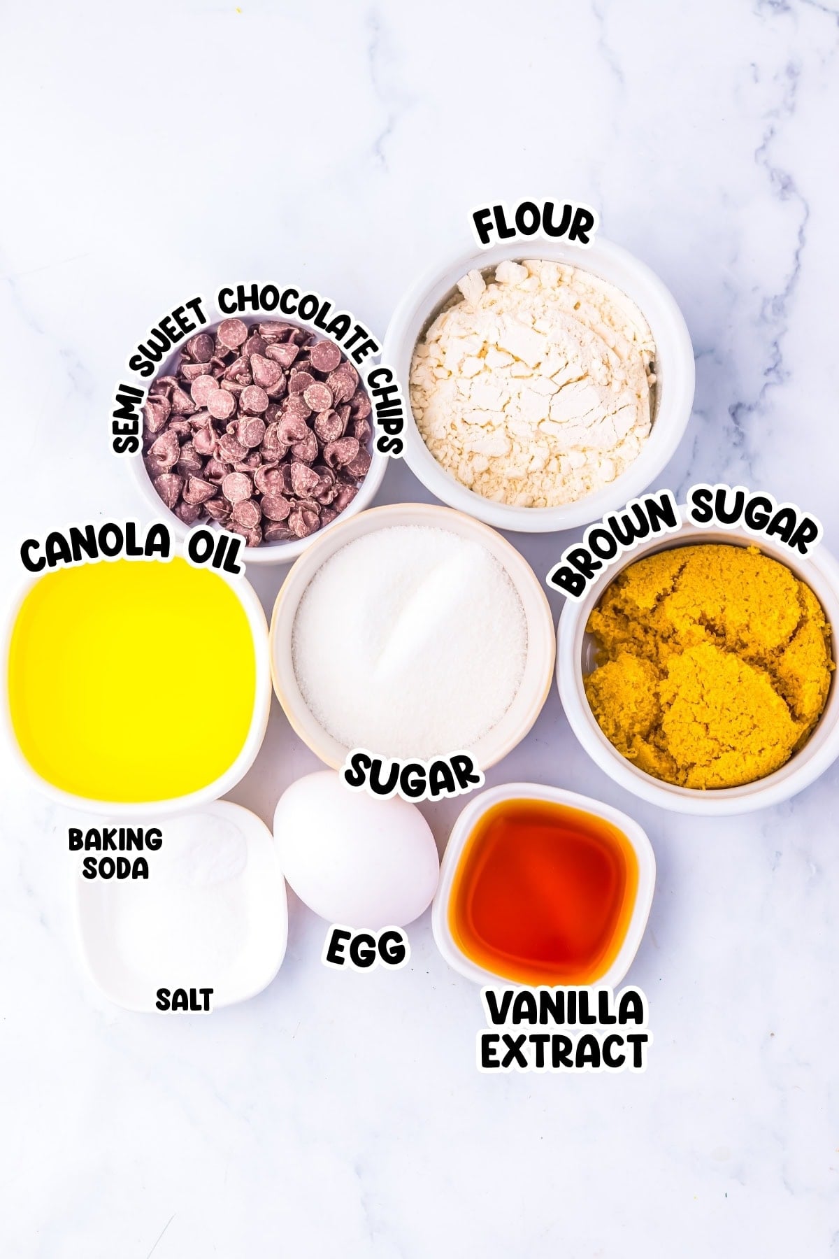 Bowls of chocolate chips, flour, sugar, brown sugar, oil, egg, vanilla, and baking soda.