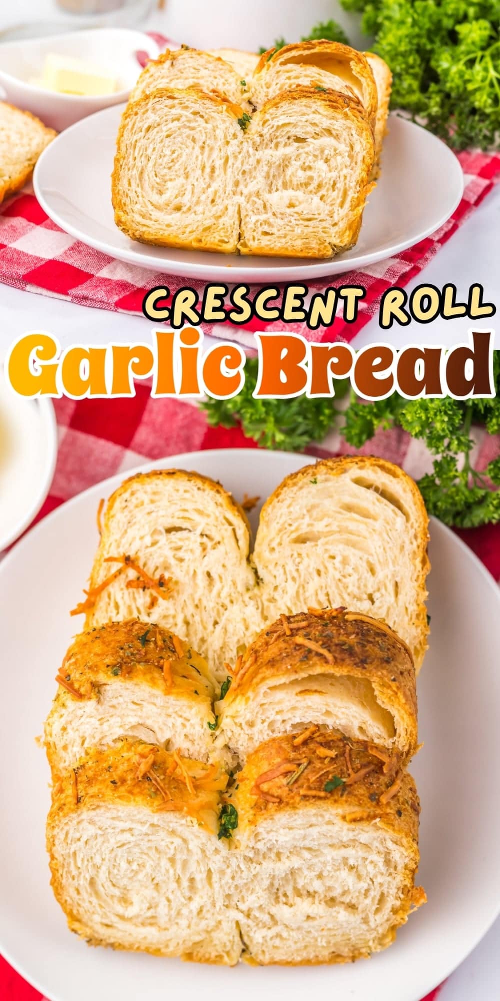 Two plates of flaky crescent roll garlic bread on a red checkered tablecloth.
