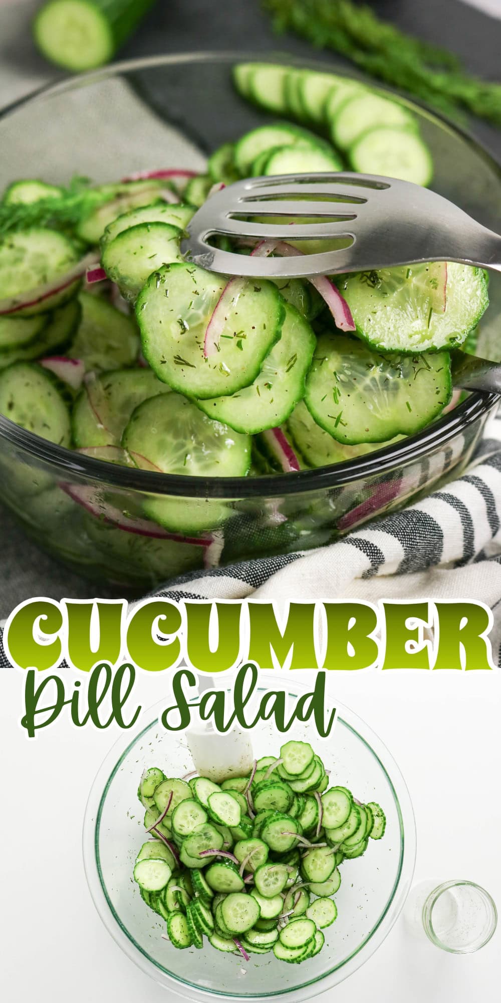 Sliced cucumber and red onion salad with dill in a glass bowl with a serving fork.