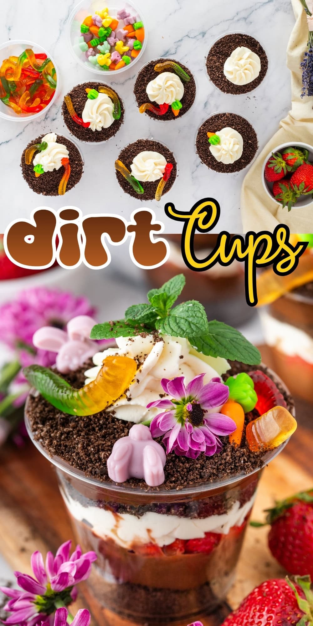Colorful dirt cups with gummy worms, frosting, and flowers on a wooden table.