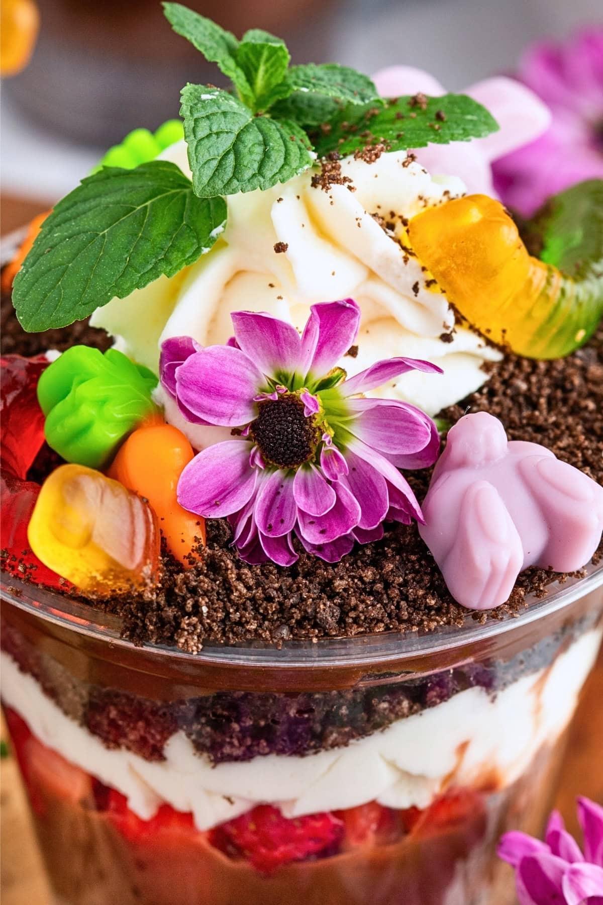Layered dessert topped with whipped cream, gummy candies, cookie crumbs, and a flower.