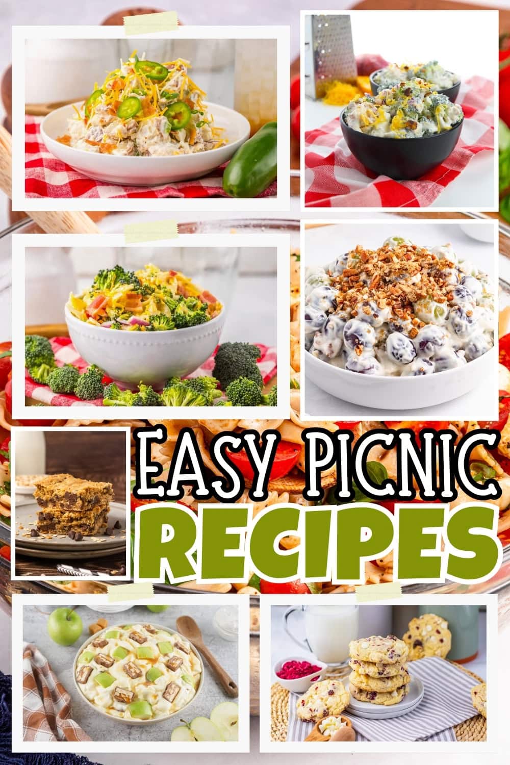 Colorful picnic dishes.