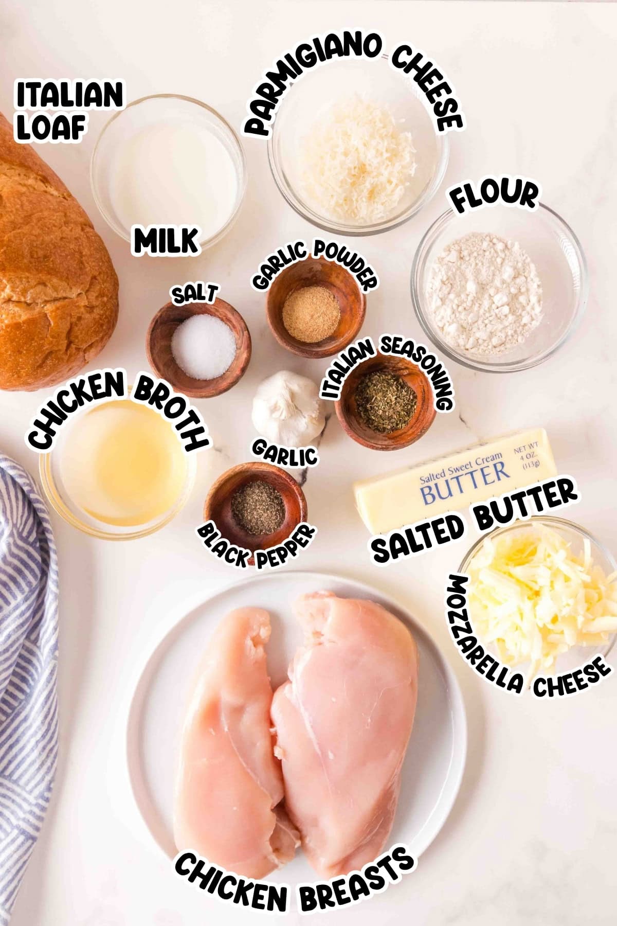 Chicken breasts, cheese, bread, spices, butter, garlic, flour, milk, and broth.