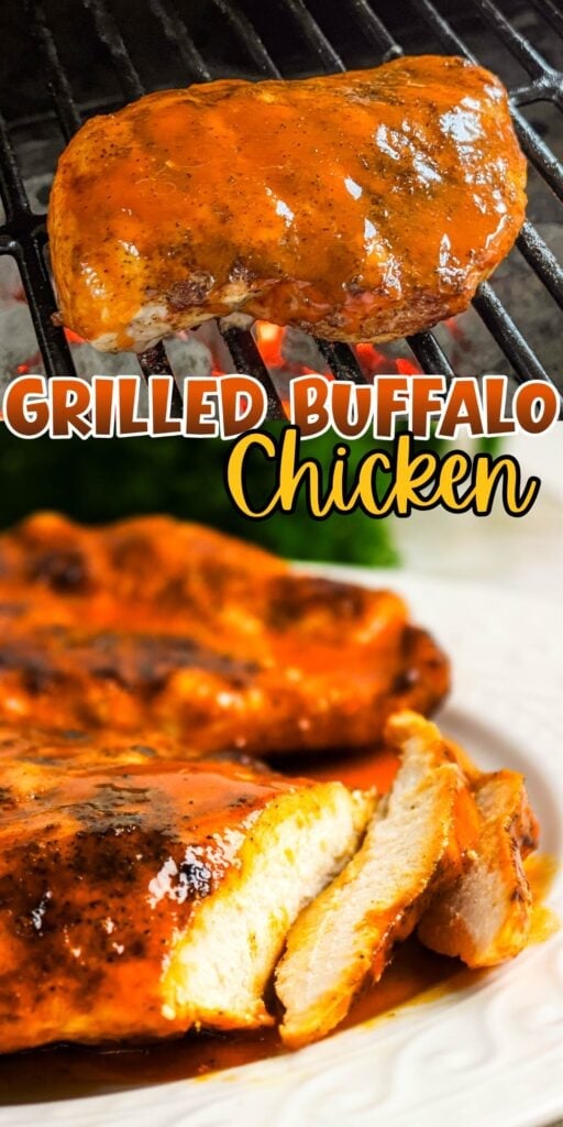 Grilled buffalo chicken breast cooking on grill and sliced on a plate.
