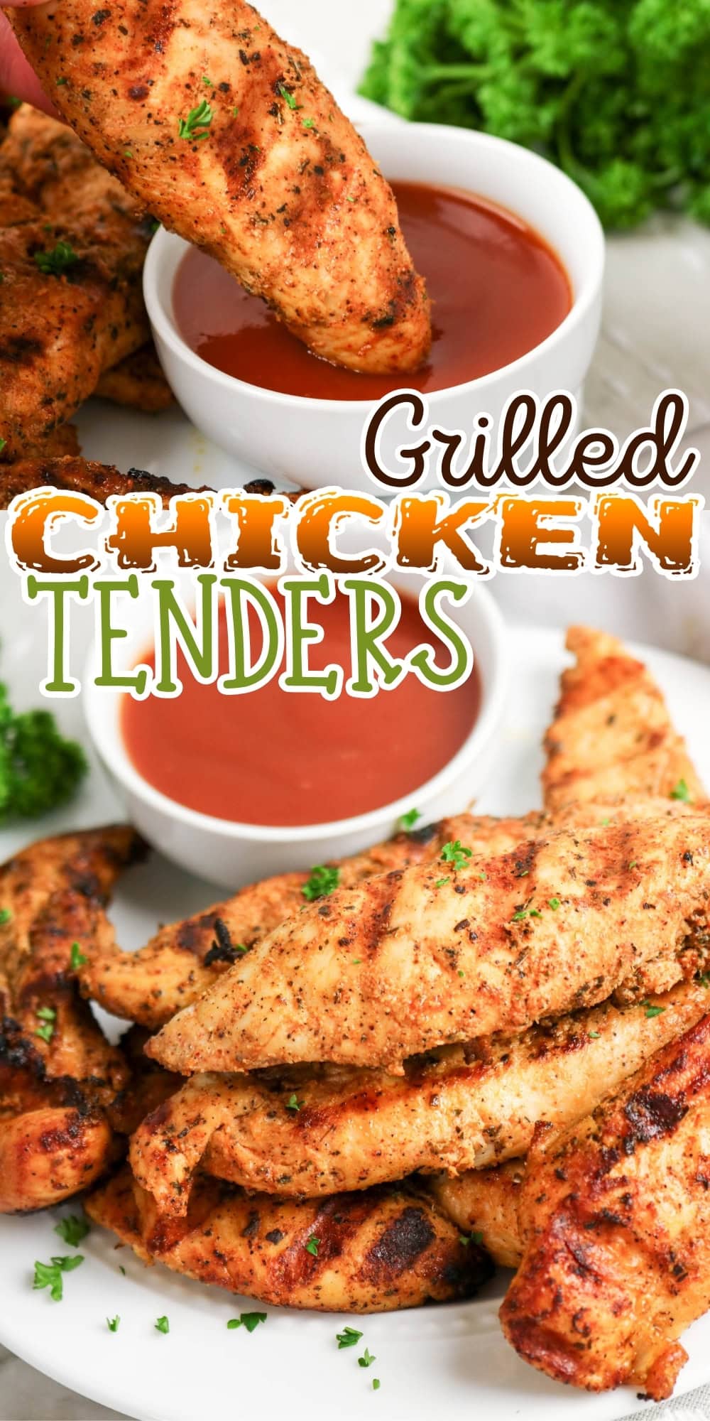 Grilled chicken tenders with dipping sauce served on a white plate.
