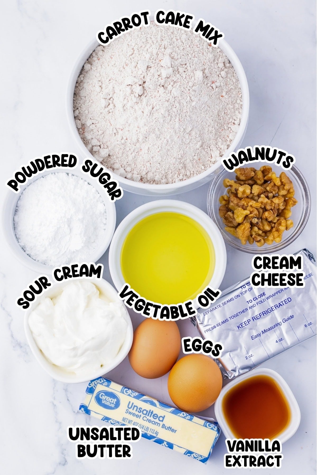 Baking ingredients for carrot cake, labeled in bowls: mix, sugar, oil, eggs, and more.