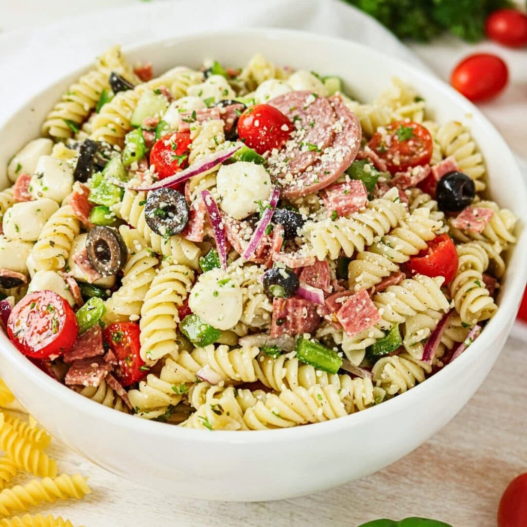 A bowl of rotini pasta salad with cherry tomatoes, olives, cheese, and salami.