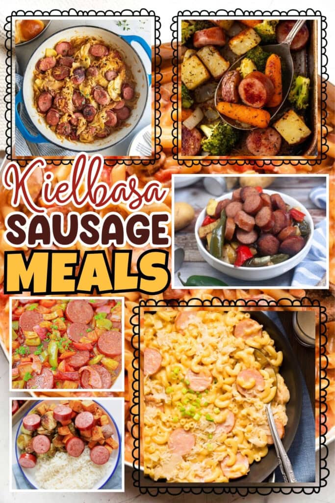 Various kielbasa sausage meals with vegetables and pasta dishes.