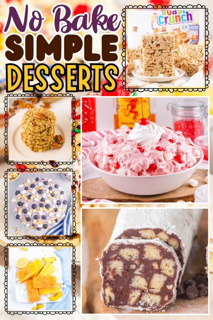Colorful, no-bake desserts, including bars, pie, and creamy treats.